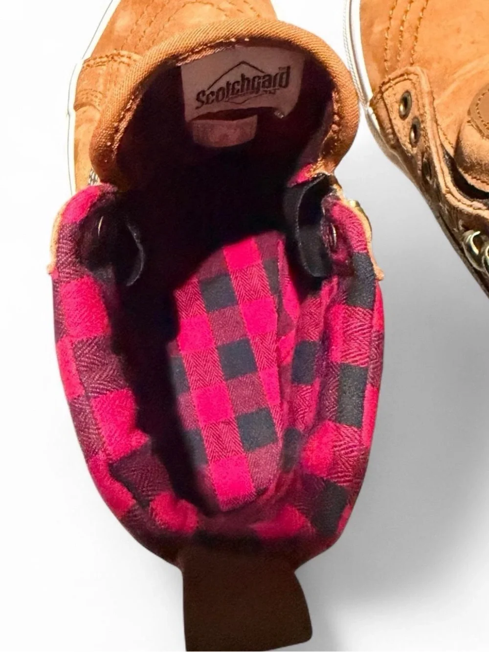 Vans Brown Suede High-Top Sneakers with Red Plaid Collar